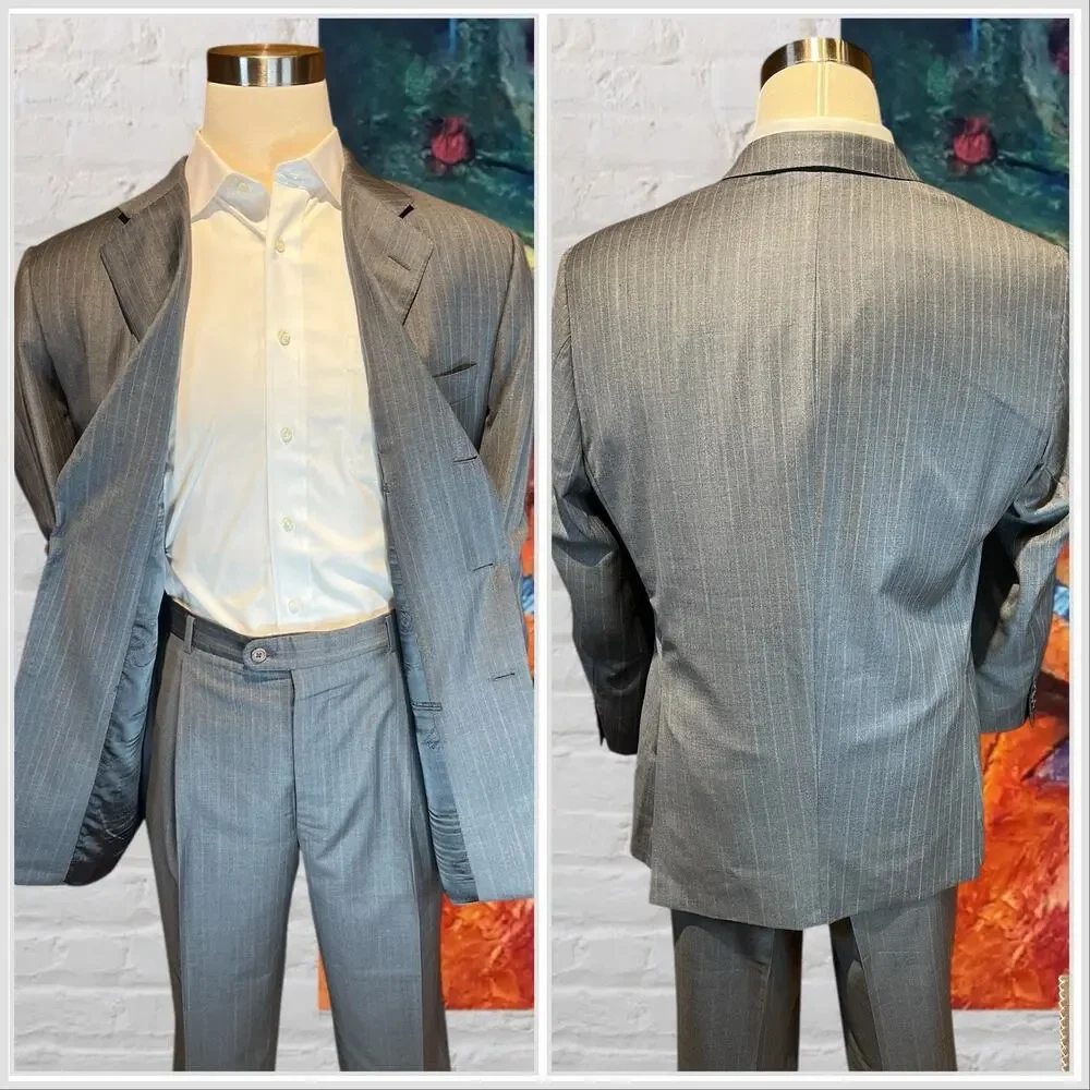 Hickey Freeman 44R 38x27 Gray with Ice Blue Multi-Stripe Quality Suit 3/2 Roll - Picture 5 of 16